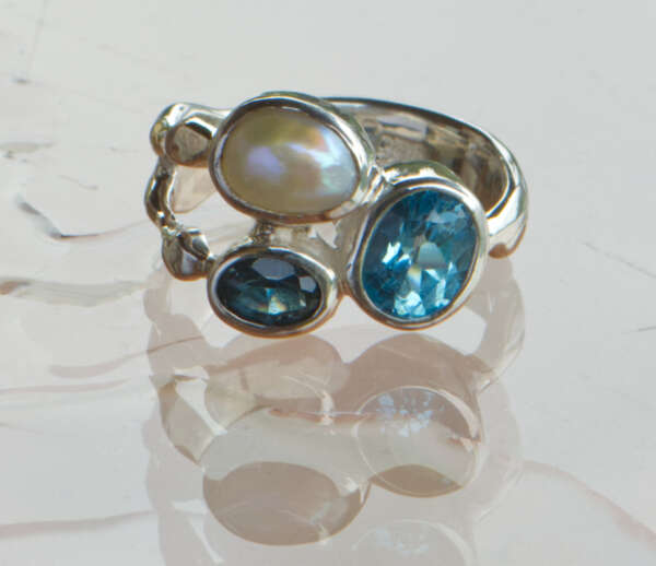 Blue Topaz, London Blue and Pearl Ring